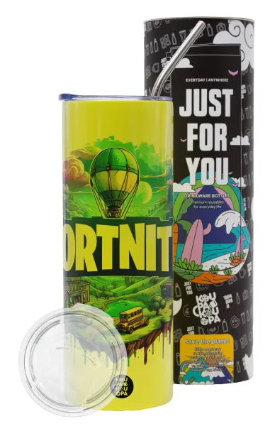 Fortnite land — Neon Yellow Travel Tumbler, with metal straw (Stainless steel 304 Food grade, BPA free, 600ml)