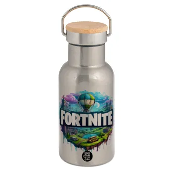 Fortnite land, Μεταλλικό παγούρι θερμός (Stainless steel) Ασημένιο με ξύλινο καπακι (bamboo), διπλού τοιχώματος, 350ml