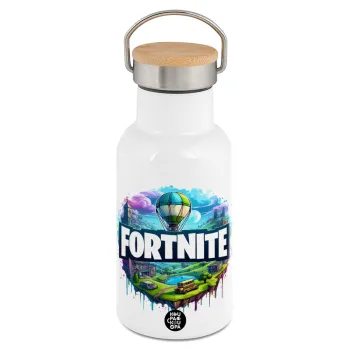 Fortnite land, Metallic thermos (Stainless steel) White with wooden lid (bamboo), double-walled, 350ml