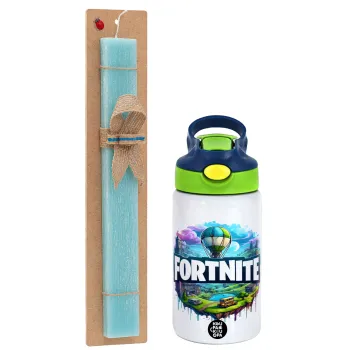 Fortnite land, Πασχαλινή Λαμπάδα με Παιδικό παγούρι θερμό, ανοξείδωτο, με καλαμάκι ασφαλείας, πράσινο/μπλε (350ml) & κερί αρωματικό πλακέ (30cm) (ΤΙΡΚΟΥΑΖ)