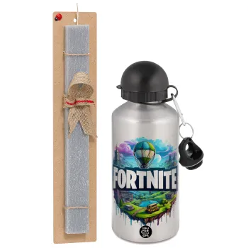 Fortnite land, Πασχαλινή Λαμπάδα με παγούρι μεταλλικό Ασημένιο αλουμινίου (500ml) & κερί αρωματικό πλακέ (30cm) (ΓΚΡΙ)