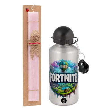 Fortnite land, Easter Set, metallic Silver aluminum water bottle (500ml) & scented flat Easter candle (30cm) (PINK)