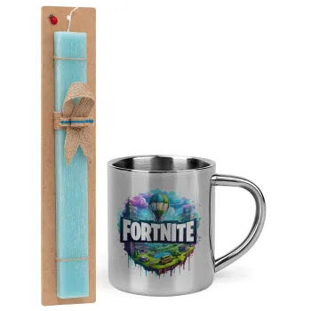 Fortnite land, Easter Set, metallic thermal cup (300ml) & aromatic flat Easter candle (30cm) (TURQUOISE)