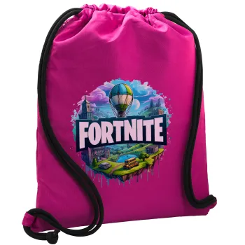 Fortnite land, Τσάντα πλάτης πουγκί GYMBAG Φούξια, με τσέπη (40x48cm) & χονδρά κορδόνια