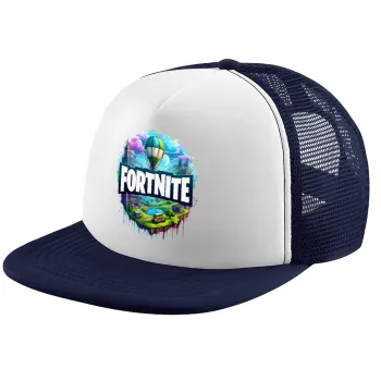 Fortnite land, Adult Soft Trucker Hat with Dark Blue/White Mesh (POLYESTER, ADULT, UNISEX, ONE SIZE)
