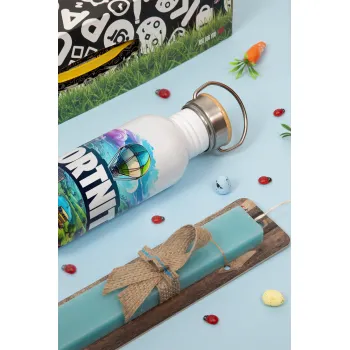 Fortnite land, Easter Set, metallic silver aluminum water bottle (500ml) & scented flat Easter candle (30cm) (TURQUOISE)