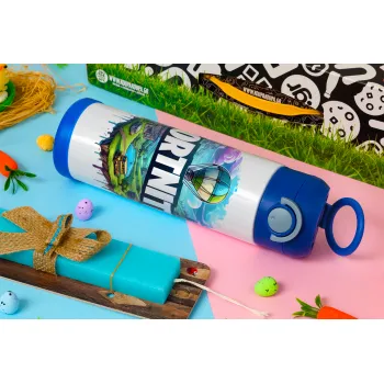 Fortnite land, Easter candle, Childrens hot water bottle, stainless steel, with safety straw, BLUE (500ml)