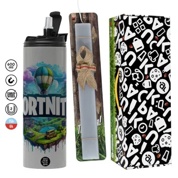 Fortnite land, Easter candle with Grey Tumbler Thermo 600ml & aromatic flat candle (30cm) (GREY)