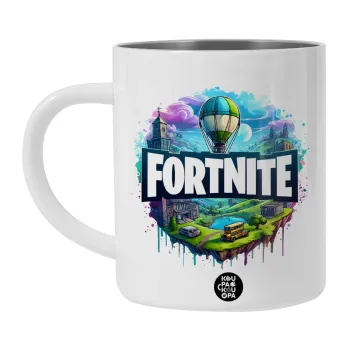 Fortnite land, Λευκή Ανοξείδωτη Μεταλλική Κούπα 450ml - Διπλού Τοιχώματος 