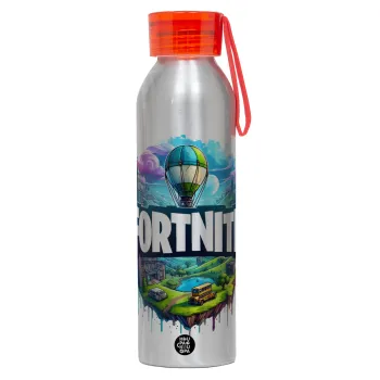 Fortnite land, Αλουμινένιο Αθλητικό Μπουκάλι 650ml – Ασημί με Κόκκινο Καπάκι και Λουράκι Σιλικόνης