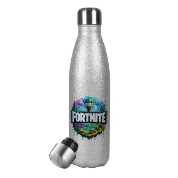 Fortnite land, Μεταλλικό παγούρι θερμός Glitter Aσημένιο (Stainless steel), διπλού τοιχώματος, 500ml