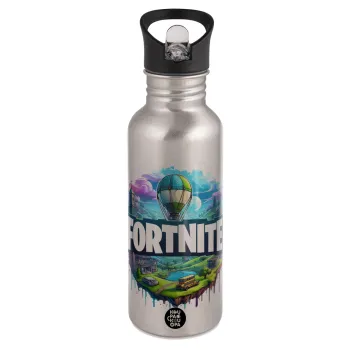 Fortnite land, Παγούρι νερού Ασημένιο με καλαμάκι, ανοξείδωτο ατσάλι 600ml