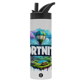 Fortnite land, Μεταλλικό παγούρι θερμός με καλαμάκι & χειρολαβή, ανοξείδωτο ατσάλι (Stainless steel 304), διπλού τοιχώματος, 600ml