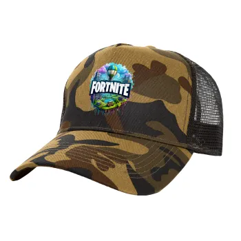 Fortnite land, Adult Structured Trucker Hat, with Mesh, (Camouflage) Army (100% COTTON, ADULT, UNISEX, ONE SIZE)