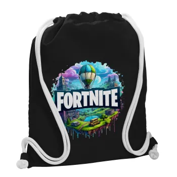 Fortnite land, Τσάντα πλάτης πουγκί GYMBAG Μαύρη, με τσέπη (40x48cm) & χονδρά λευκά κορδόνια