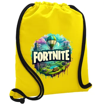 Fortnite land, Τσάντα πλάτης πουγκί GYMBAG Κίτρινη, με τσέπη (40x48cm) & χονδρά κορδόνια