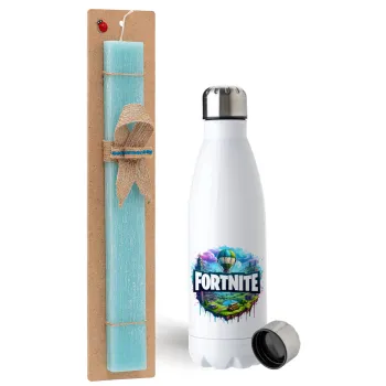 Fortnite land, Easter Set, metallic stainless steel water bottle (750ml) & aromatic flat Easter candle (30cm) (TURQUOISE)