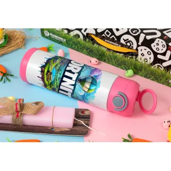 Fortnite land, Πασχαλινή Λαμπάδα με Παιδικό παγούρι θερμό, ανοξείδωτο, με καλαμάκι ασφαλείας, ΡΟΖ (500ml)