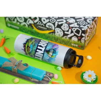 Fortnite land, Πασχαλινή Λαμπάδα με Travel Tumbler θερμό με διπλό καπάκι (600ml, BPA free) & κερί αρωματικό πλακέ (30cm) (ΤΙΡΚΟΥΑΖ)
