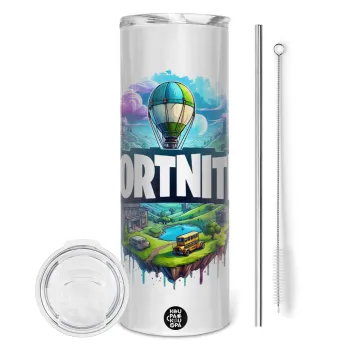 Fortnite land, Tumbler ποτήρι θερμό από ανοξείδωτο ατσάλι 600ml, με μεταλλικό καλαμάκι & βούρτσα καθαρισμού