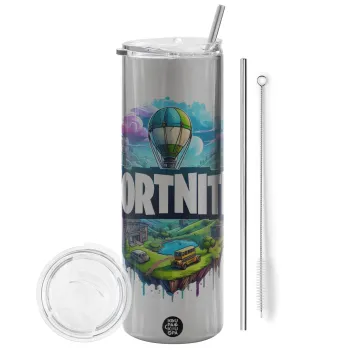 Fortnite land, Tumbler stainless steel Silver 600ml, with metal straw & cleaning brush