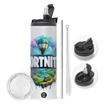 Fortnite land, Travel Tumbler 2 Lids, with metal straw & cleaning brush (Stainless steel 304 Food grade, BPA free, 600ml)