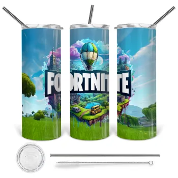 Fortnite land, Tumbler ποτήρι θερμό από ανοξείδωτο ατσάλι 600ml, με μεταλλικό καλαμάκι & βούρτσα καθαρισμού