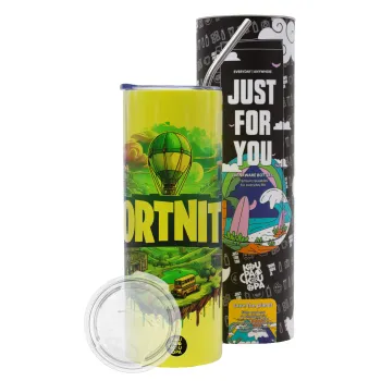 Fortnite land, Neon Yellow Travel Tumbler θερμό, μεταλλικό καλαμάκι(Ανωξείδωτο 304 Food grade, BPA free, 600ml)