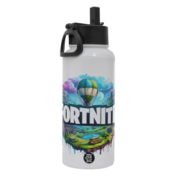 Fortnite land, Metal mug thermo White with Straw and Spout Lid (Stainless steel), double wall, 950ml
