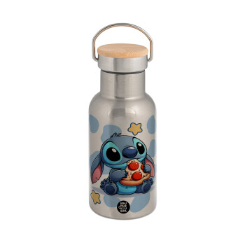 Stitch Pizza, Stainless steel metallic thermos flask, silver with a bamboo lid, double-walled, 350ml.