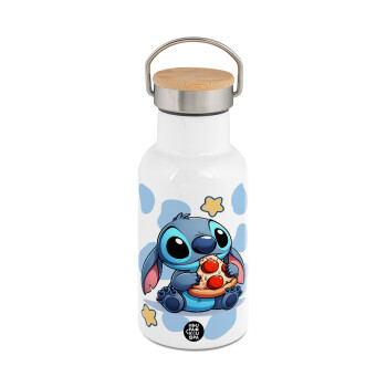 Stitch Pizza, Metallic thermos (Stainless steel) White with wooden lid (bamboo), double-walled, 350ml