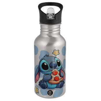Stitch Pizza, Water bottle Silver with straw, stainless steel 500ml