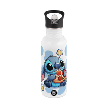 Stitch Pizza, White water bottle with straw, stainless steel 600ml