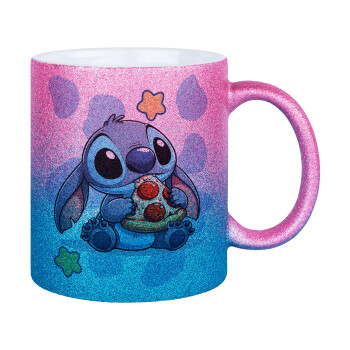 Stitch Pizza, Κούπα Χρυσή/Μπλε Glitter, κεραμική, 330ml