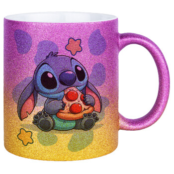 Stitch Pizza, Κούπα Χρυσή/Ροζ Glitter, κεραμική, 330ml