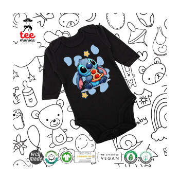 Stitch Pizza, Μακρυμάνικο βρεφικό φορμάκι, 0-18 μηνών, ΜΑΥΡΟ, 100% Organic Cotton
