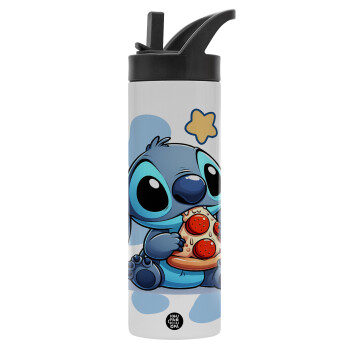 Stitch Pizza, Μεταλλικό παγούρι θερμός με καλαμάκι & χειρολαβή, ανοξείδωτο ατσάλι (Stainless steel 304), διπλού τοιχώματος, 600ml