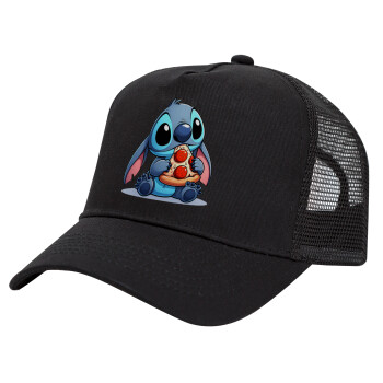 Stitch Pizza, Trucker Hat with Mesh, Black, (COTTON, KIDS, UNISEX, ONE SIZE)