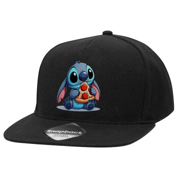 Stitch Pizza, Καπέλο Ενηλίκων Flat Snapback Μαύρο, (100% ΒΑΜΒΑΚΕΡΟ TWILL, ΕΝΗΛΙΚΩΝ, UNISEX, ONE SIZE)