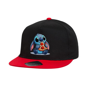 Stitch Pizza, Καπέλο παιδικό Flat Snapback, Μαύρο/Κόκκινο (100% ΒΑΜΒΑΚΕΡΟ, ΠΑΙΔΙΚΟ, UNISEX, ONE SIZE)