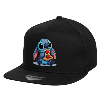 Stitch Pizza, Καπέλο παιδικό Flat Snapback, Μαύρο (100% ΒΑΜΒΑΚΕΡΟ, ΠΑΙΔΙΚΟ, UNISEX, ONE SIZE)