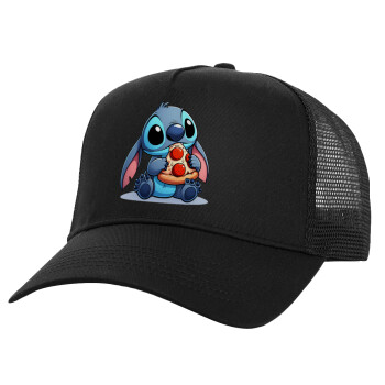 Stitch Pizza, Structured Trucker Adult Hat, with Mesh, Black (100% COTTON, ADULT, UNISEX, ONE SIZE)