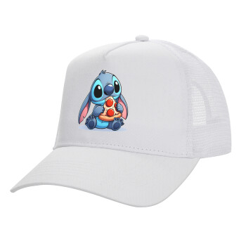 Stitch Pizza, Καπέλο Ενηλίκων Structured Trucker, με Δίχτυ, ΛΕΥΚΟ (100% ΒΑΜΒΑΚΕΡΟ, ΕΝΗΛΙΚΩΝ, UNISEX, ONE SIZE)