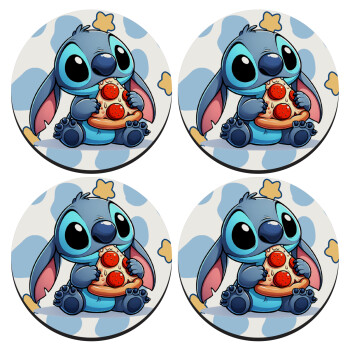 Stitch Pizza, ΣΕΤ 4 Σουβέρ ξύλινα στρογγυλά (9cm)