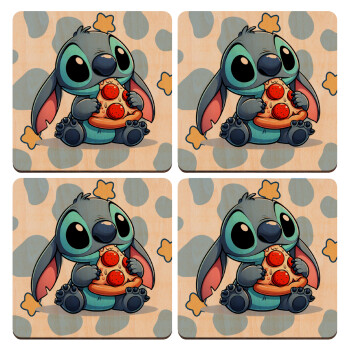 Stitch Pizza, ΣΕΤ x4 Σουβέρ ξύλινα τετράγωνα plywood (9cm)
