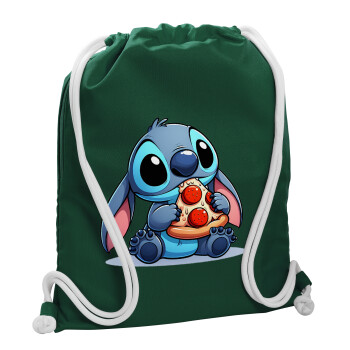 Stitch Pizza, Backpack pouch GYMBAG BOTTLE GREEN, with pocket (40x48cm) & thick white cords
