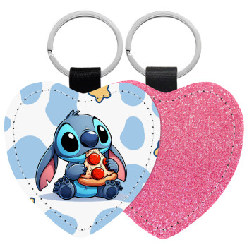 Stitch Pizza, Μπρελόκ PU δερμάτινο glitter καρδιά ΡΟΖ