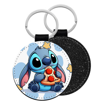 Stitch Pizza, Μπρελόκ Δερματίνη, στρογγυλό ΜΑΥΡΟ (5cm)