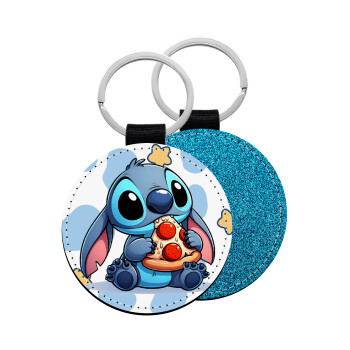 Stitch Pizza, Μπρελόκ Δερματίνη, στρογγυλό ΜΠΛΕ (5cm)