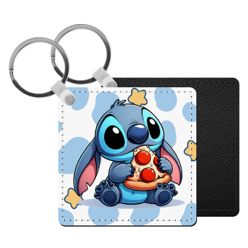 Stitch Pizza, Μπρελόκ Δερματίνη, τετράγωνο ΜΑΥΡΟ (5x5cm)